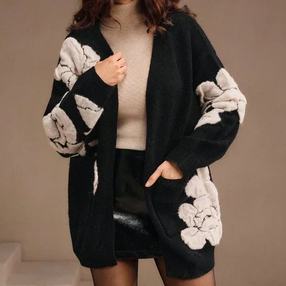 Black Casual Women's Elegant Loose Fit Jacquard Floral Cardigan, Mid-Length - Picture 4 of 7